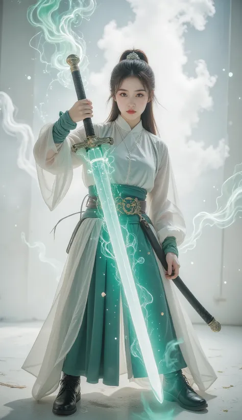Female swordsman Jade Fractal photography,Atomic Correct,Raw, Lenses, (Clear focus:1.5), (Reality:1.4), Dusk lighting, Volumetric Lighting, Ultra-high resolution, 16K,Dramatic Lighting, White background:1.5),Glowing sword,(fighting stance),Hold the sword h...