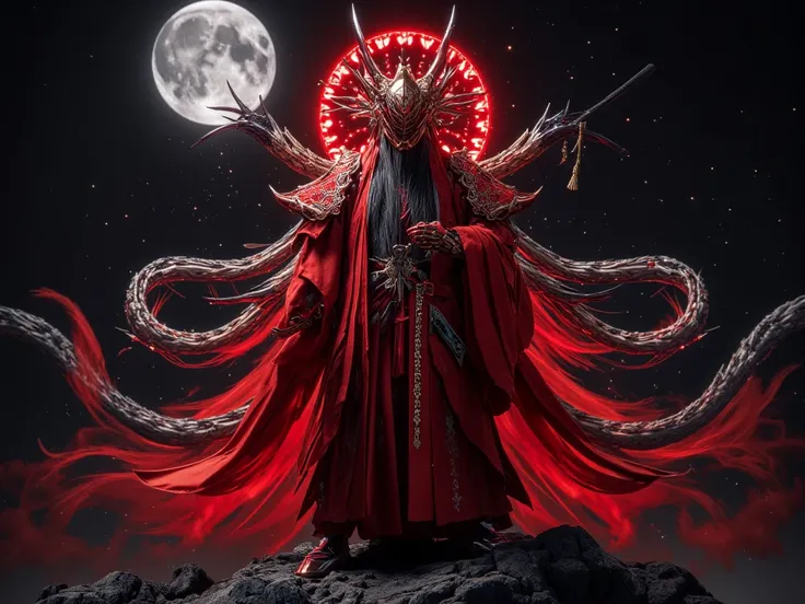  Mascot, Ancient Chinese costume, Red set,  Red Auraในดวงตา,  is not masked,  self-shrinking self, Standing on a bone-chested mountain, black background,  at night,  Beautiful Weaving Moons, Beautiful Stars ,  with the sword in the back,  Red Aura, The cam...