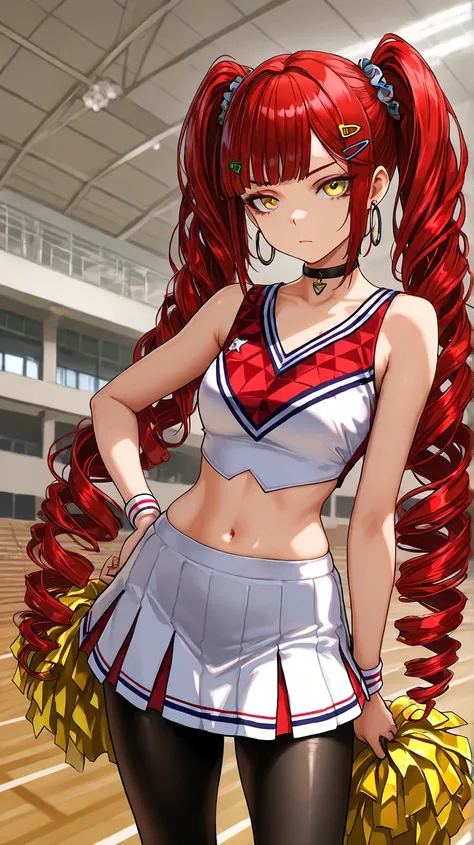 1Girl, Mature, Caucasian, Canadian, Light Skin, Long Curly Red Hair, Twintails, Shiny Hair, Yellow Eyes, Medium Chest, Black And Red Cheerleader Uniform, Black Pantyhose, Black Inner Shirt, Black Choker, Yellow Hair Clips, Hoop Earrings, Looking At Viewer,...