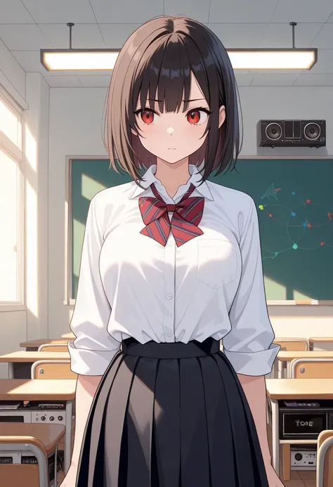  1 girl,  highly athletic ,   black school uniform ,  white shirt, classroom,  Stereo lighting ,  top quality,  Masterpiece,  complicated details,  tone mapping ,  sharp concentration,  Super Detail,  simple background