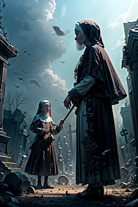 A witch and a nun fight furiously in an old cemetery in front of a dilapidated small temple.