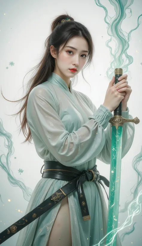 Female swordsman Jade Fractal photography，Atomic Correct,Raw, Lenses, (Clear focus:1.5), (Reality:1.4), Dusk lighting, Volumetric Lighting, Ultra-high resolution, 16K,Dramatic Lighting, White background：1.5），Glowing sword,(fighting stance),Hold the sword h...