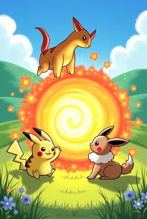  Three Pokémon : Cinderes ,  Picachu and Evee playing with a fireball 