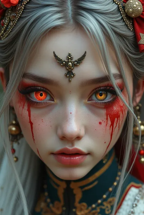 Photorealism, hd uhd half body photography,Simbols and murals on face, cute rare beauty from geaven 1 girl, xianxia, high detail glowing mixed color eyes, textured colorful makeup, ancient accessories, onmyoji-style, Young women, white and red hair, Celest...