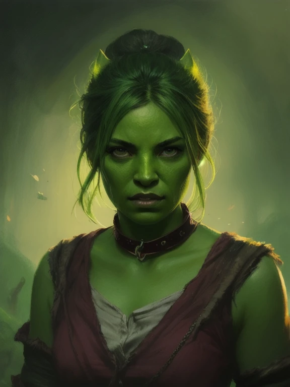 green orc female, wearing a slave collar, light green tone beautiful face by jeremy mann, greg rutkowski, noah bradley