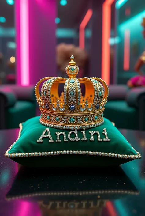 A luxurious and opulent scene featuring a golden crown atop a lush green pillow. The crown is absolutely breathtaking, adorned with an abundance of diamonds and intricate designs, exuding a sense of grandeur. The pillow is elegantly embellished with the na...