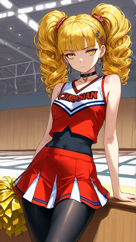 1Girl, Mature, Caucasian, Canadian, Light Skin, Long Curly Ginger Hair, Twintails, Shiny Hair, Yellow Eyes, Medium Chest, Black And Red Cheerleader Uniform, Black Pantyhose, Black Inner Shirt, Black Choker, Yellow Hair Clips, Hoop Earrings, Looking At View...