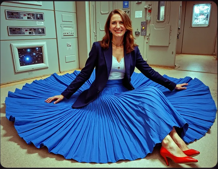 In a 35mm Award-winning photograph, long exposure, detailed, and vivid. Documentary shot, a smiling Sapphic space therapist Lady is sitting down on the floor in a lesbian women's spaceship, her long, pleated Skirt smoothly fans around her, flowing in the w...