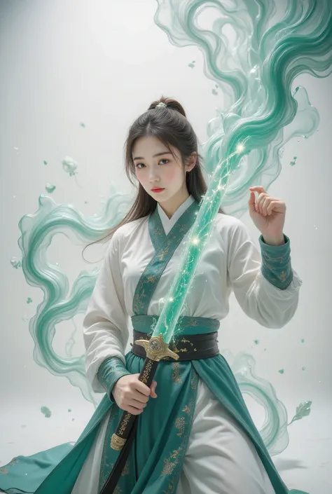 Female swordsman Jade Fractal photography,Atomic Correct,Raw, Lenses, (Clear focus:1.5), (Reality:1.4), Dusk lighting, Volumetric Lighting, Ultra-high resolution, 16K,Dramatic Lighting, White background:1.5),Glowing sword,(fighting stance),Hold the sword h...