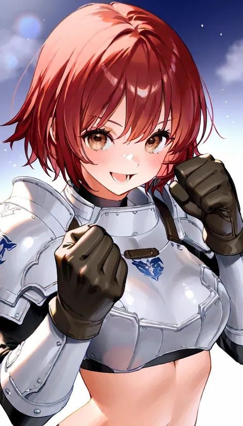 ( fantasy world、 Female Warrior)、((  1 female ))、(( red hair、 short hair ))、(())、((white plain sports bra、((Western light armor ))、Fighting Gloves、))、  Masterpiece、  high resolution、  high quality 、32K、 (  brown eyes、  delicate eye description  )、( open yo...