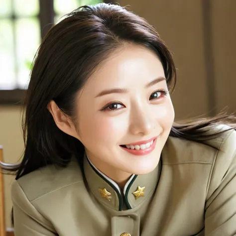 (( top quality)), (( Masterpiece)), ( Details), （ perfect face）、Young, beautiful, and busty, dark-haired Ishihara Satomi wears a khaki Mao Zedong uniform from the Chinese Communist Party and smiles gently