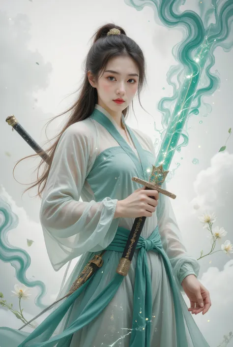 Female swordsman Jade Fractal photography,Atomic Correct,Raw, Lenses, (Clear focus:1.5), (Reality:1.4), Dusk lighting, Volumetric Lighting, Ultra-high resolution, 16K,Dramatic Lighting, White background:1.5),Glowing sword,(fighting stance),Hold the sword h...