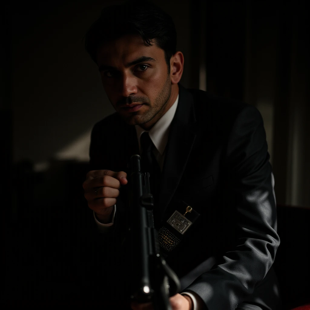 Got it! Here’s a detailed prompt for a dramatic scene involving a man in a suit, holding a gun, after taking down three people:

"A photo of a man in a tailored suit, holding a gun with a steady grip, his face bathed in moody, patterned light (1.3) that cr...