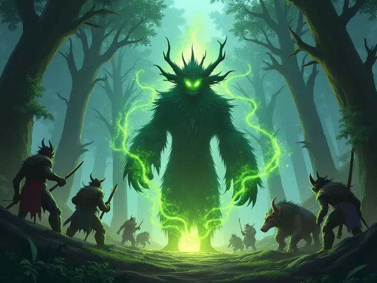 A powerful nature spirit, Magicchese Gogo, stands in a mystical forest, glowing with magical energy. Around it, various creatures and warriors prepare for battle, all facing off against the spirit in a tense showdown. The atmosphere is charged with magic a...