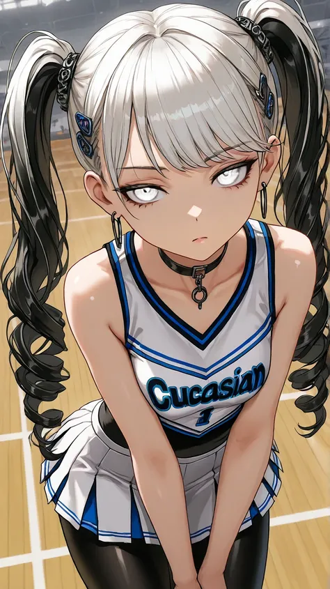 1Girl, Mature, Caucasian, Canadian, Light Skin, Long Curly White Hair, Twintails, Shiny Hair, White Eyes, Medium Chest, Black And White Cheerleader Uniform, Black Pantyhose, Black Inner Shirt, Black Choker, Black Hair Clips, Hoop Earrings, Looking At Viewe...