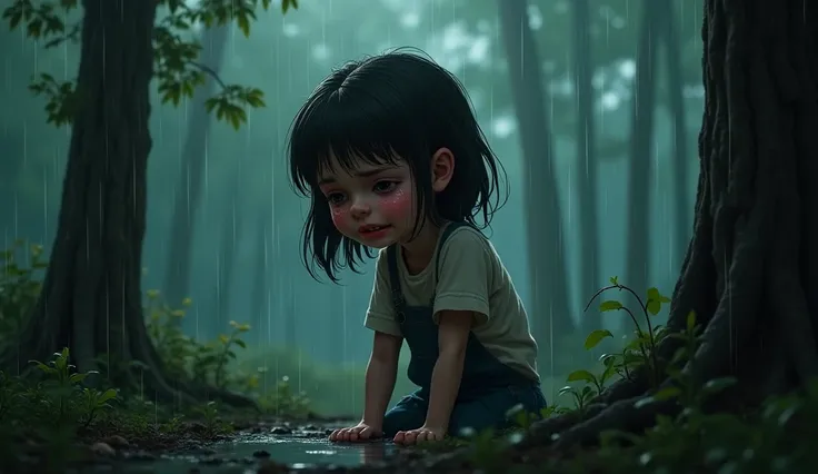 The girl cry in forest rainy