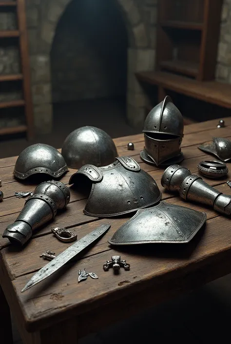 Medieval metal armor disassembled on a table