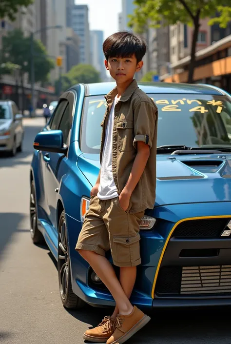 An Indonesian age boy with a height of 155 cm, clean face, under smooth hair, standing leaning against the door of his mitsubishi lancer evo 8, wearing a white casual shirt covered with a brown casual cargo shirt and brown casual cargo shorts, wearing brow...