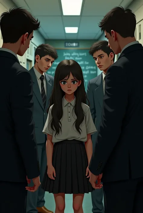 To create a white teenage girl in a school with her uniform surrounded by older men who want to do something to her