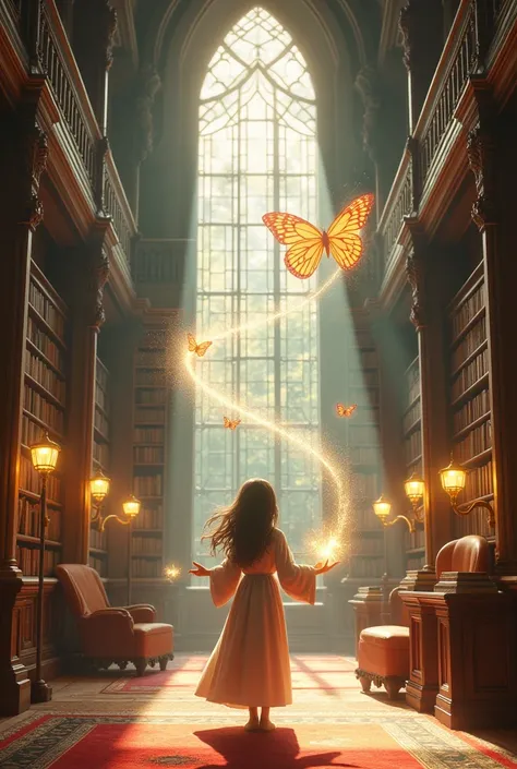 librarian girl cast a magic spell that looked like a butterfly in a library 