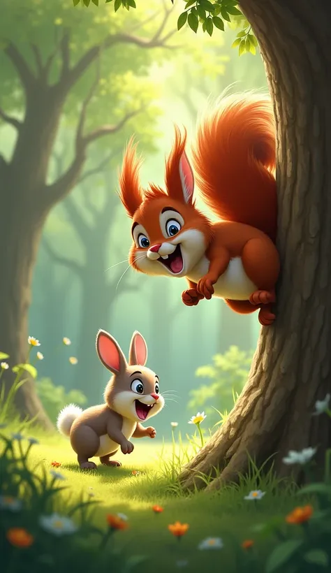 A playful red squirrel chatters from a tree, laughing at the rabbit’s narrow escape.