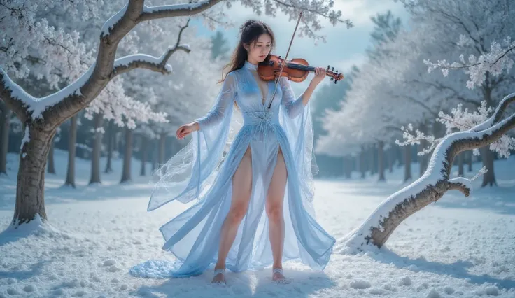 a beautiful girl with big boobs, long hair beratto , a little pubic hair is visible ,wearing a futuristic blue sky kimono , Playing the violin in the middle of the snow,next to the fallen cherry tree