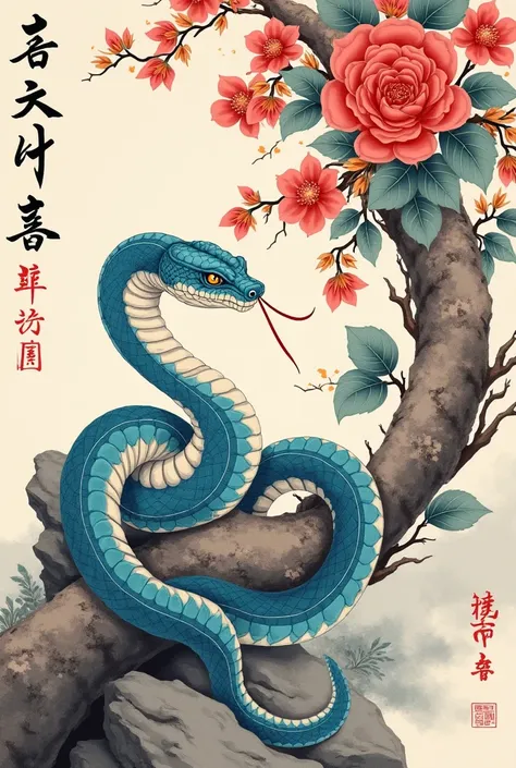  traditional Chinese ink painting style、(Chinese Zodiac_snake)，Light blue scales，flame,lightning,rock,Red Rose ,  Rich Details , Energy and vitality ,  Dense Leaves .( of the best quality ,  masterpiece:1.2)