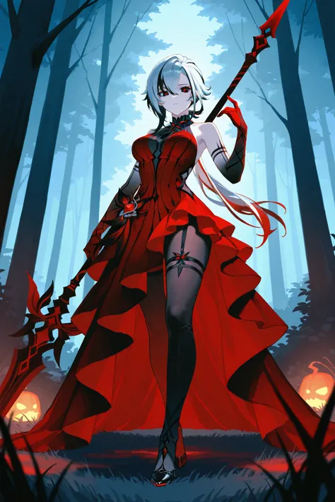 Arlecchino holding her polearm, genshin impact black and red hot dress ,Long Hair, High Resolution, Breasts, solo ,hot looking, visible clivage, standing in forest , looks strong and beautiful