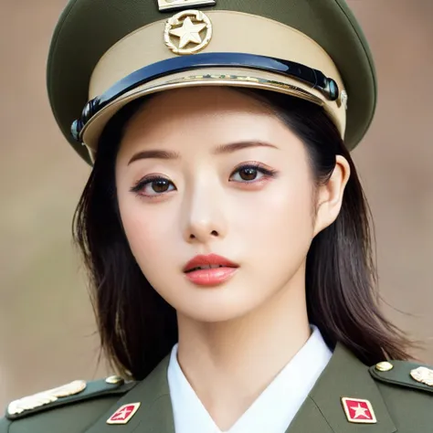 (( top quality)), (( Masterpiece)), ( Details), （ perfect face）、Young, beautiful, and dark-haired Ishihara Satomi wears a Chinese khaki military uniform, wears a khaki Chinese military hat, and is proud of her beautiful, well-disciplined march as a member ...