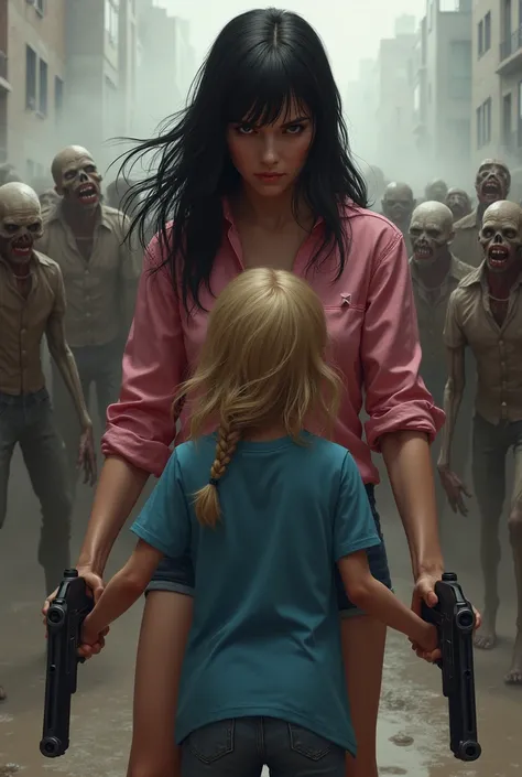 Create a woman in a pink blouse and denim shorts with long black hair loose with bangs and guns in her hands, protecting your  daughter, blue T-shirt, blond hair a little voluminous, are facing away looking at a bunch of ugly zombies,  The last of Us