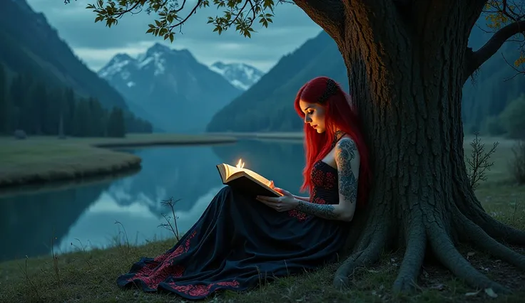 ( realistic photo ) Assise contre un arbre , a woman with red and black hair with long hair with a beautiful witch dress with tattoos reading a book under a dark night with a beautiful mountain and a river
