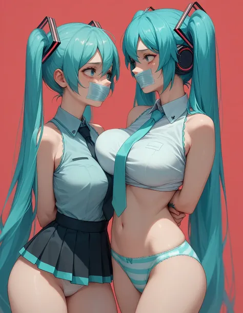 lesbian taking off Miku Hatsune's panties, with arms tied behind the back  , big breasts, groping Miku Hatsune , panties, covered mouth with tape 