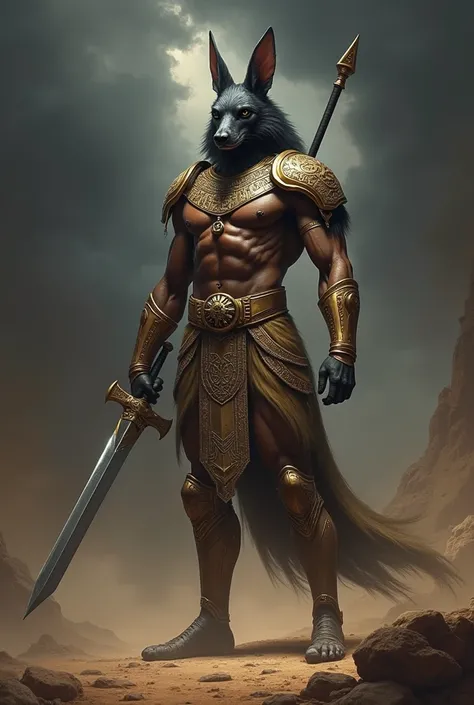 Anubis realistic Egyptian god warrior strong swordsman with amulets 3/4 quarter of a body dark clouds in the background