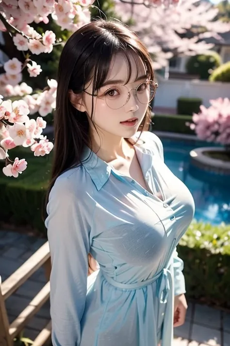  Masterpiece,   top quality,  1 beautiful woman、  healthy body,  Damp Translucent Clothes ,  Cherry blossom colored berry long shirt、 wears round glasses、 big breasted with a cross eye、  anatomically accurate on a stepladder、 angle of view viewed from abov...