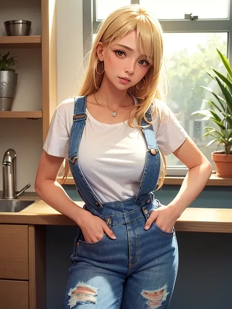 1girl, blonde hair, blue overalls, blush, breasts, collarbone, cowboy shot, day, denim, dog, earrings, hand on own hip, indoors, jeans, jewelry, long hair, looking at viewer, orange eyes, orange shirt, overalls, parted lips, plant, potted plant, shirt, sho...