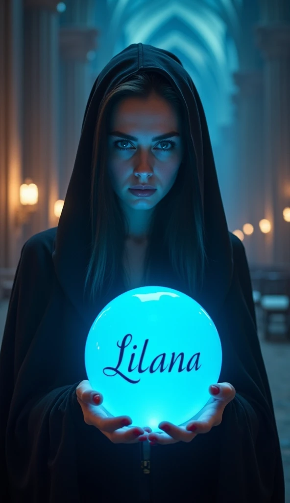 "A mysterious woman with piercing blue eyes, wearing a dark hooded cloak. Her expression is intense and mystical. She holds a glowing crystal ball emitting a bright blue light, with the name 'Liliana' elegantly inscribed on it. The background is an ancient...