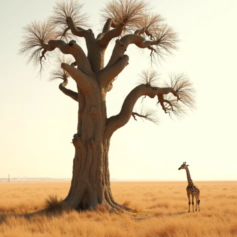 Masterpiece, extremely detailed,hyper realistic,4k,nature,an old tree, with branches without leaves, in the middle of dry grass, a giraffe looks at the branches,photograpy,sun light