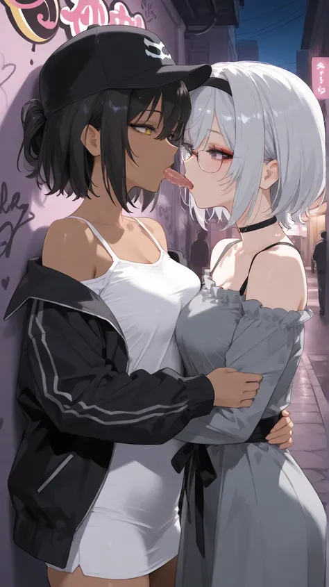  fellatio, ( Masterpiece,  top quality:1.2), 2girls,  that improves white space ,  couple, Side by side ,   CHOOSE YOUR FAVORITE,  Nijisanji,  short eyebrow ,  short hair,  off shoulder,  shoulder out,  grey dress,  black jacket,  take off my clothes,  Bla...