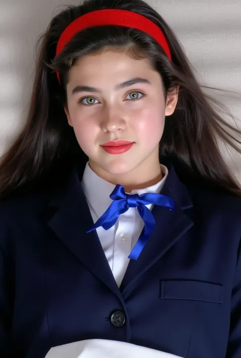 ( Masterpiece,  top quality:1.5), 
 1 girl,  alone,
Bust,  lying on top,  looking straight at the viewer .,
 She's wearing a dark blue school blazer 、 white shirt、 wearing a bright blue ribbon tie ., 
 a bright red headband ., 
  15-year-old Jennifer Conne...