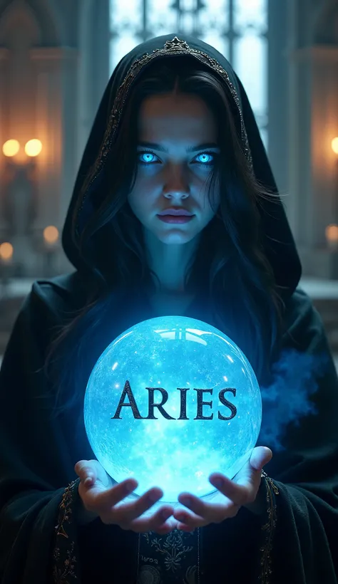 *"A hyper-realistic, cinematic fantasy portrait of a young sorceress between 20 and 30 years old. She has long, wavy dark hair cascading down from beneath a deep hood, framing her pale, flawless skin. Her piercing, glowing blue eyes radiate an intense, alm...