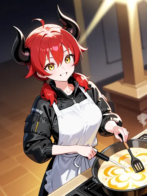 A black horn grows from the right temple ,Red Hair, short pigtails from the left back of the head to the neck,, skinny      , black down jacket,big  breast , yellow eye,idol pose,cooking, apron uniform, looks happy