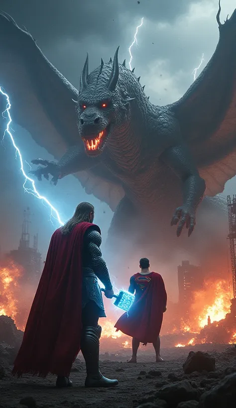 "An epic, highly cinematic battle scene featuring Thor, Superman, and a colossal Fire Dragon in a devastated, storm-ridden battlefield. Thor stands powerfully in the foreground, gripping Mjölnir, which crackles with intense blue lightning, illuminating his...