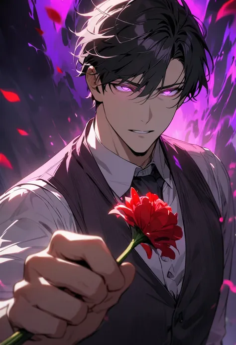 Man, purple eyes, glowing eyes, black hair, purple aura, vest, short hair, handsome, mysterious, high quality, detail, hand pick a red flower