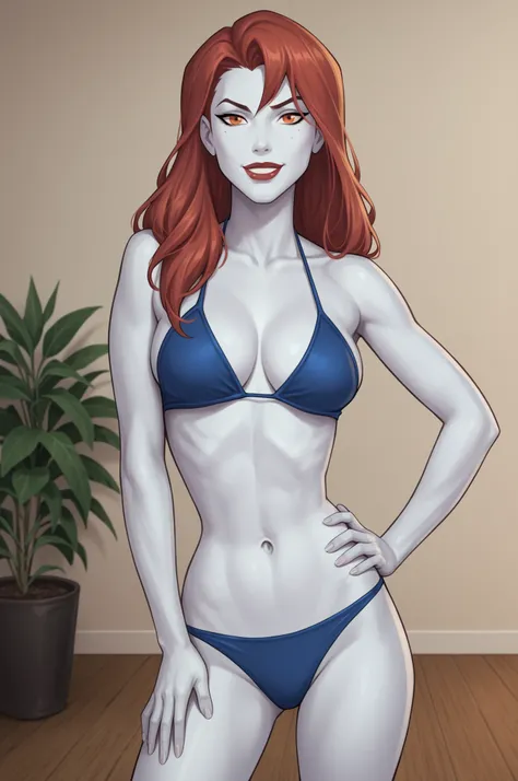 PonyXLV6_Scores BREAK (perfect anatomy, perfect eyes), BREAK mgann morzz, long hair, red hair, colored skin, white skin, orange eyes, makeup, lipstick, flirting, raised eyebrow, ((looking at viewer)), superhero, black and blue bikini, black and blue bikini...