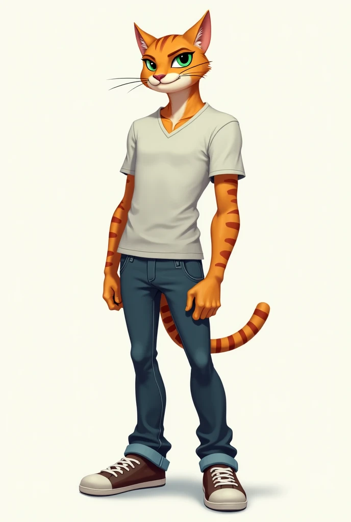 Here’s a character concept based on your idea:

Character Name: Max Pawswell
Species: Anthropomorphic Cat
Appearance: A sleek, well-groomed feline with sharp green eyes, a confident smirk, and a stylishly casual posture.
Outfit: A fitted t-shirt that compl...