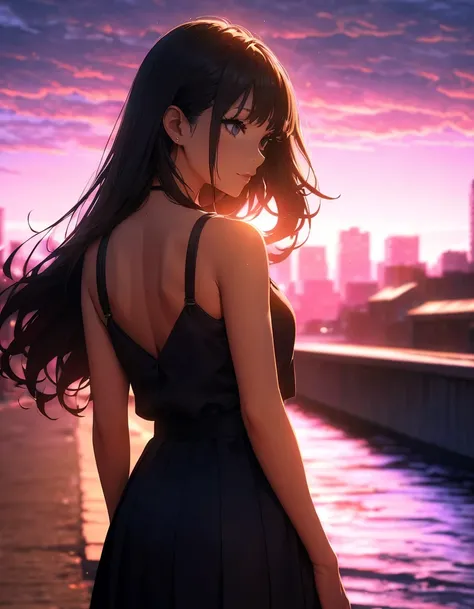 Woman silhouette, Sexy woman&#39;s back view, Long Hair, Backlight, Urban Background:1.2, Anime Style:1.2, Dark silhouette, Cowboy Shot, Dramatic lighting, Cinematic composition, Bright colors, Chiaroscuro, (Highest quality:1.2, 4K, 8K, Very detailed, High...