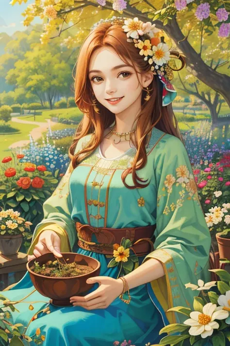 (  top quality,   high resolution,  HD, 8k,  Masterpiece),   one girl doing a prank, Light chestnut long hair, Moderate breasts ,  a beautiful and well-groomed face ,   brown eyes , (Draw your hand carefully ), look at me、 friendly smile , Old-fashioned ga...