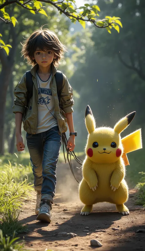 A live-action of A boy of about  walks side by side with his Pikachu along a dirt trail surrounded by a lush forest. The young man has realistic features, smooth skin with slight natural imperfections, slightly messy hair blowing in the wind and determined...