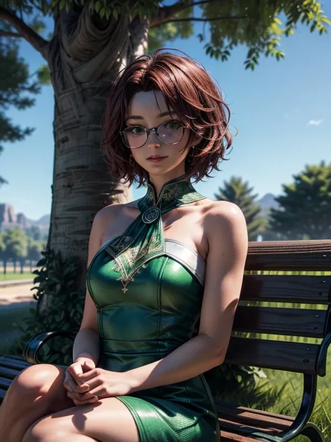  close-up ,  upper body. Short,  red hair,  green eyes,  metallic glasses,  green strapless dress, smiling 15-year-old girl sitting on a park bench. ( masterpiece,  top quality ,  Best quality,  official art ,  beautiful and aesthetic:1.2),  extremely deta...