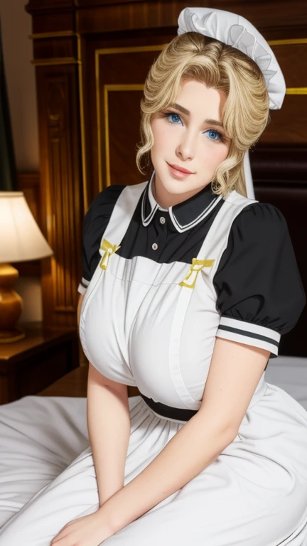  Maria's uniform sitting on the bed , Wearing maid clothes , Big breasts voluptuous, 25 years old ,beautiful,  with blue eyes, blonde.